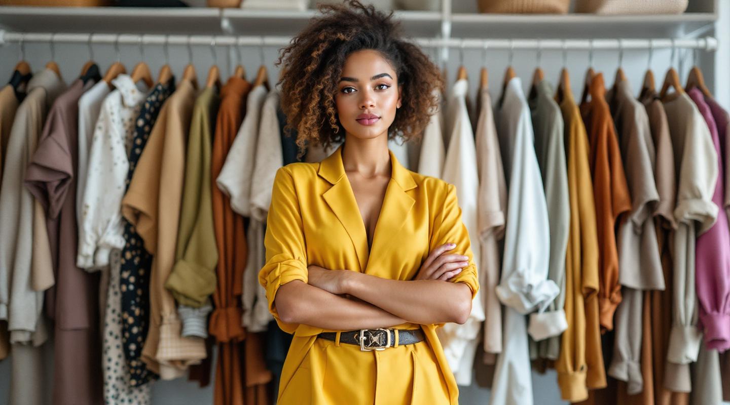 Jeune femme confiante posant devant une garde-robe colorée et originale