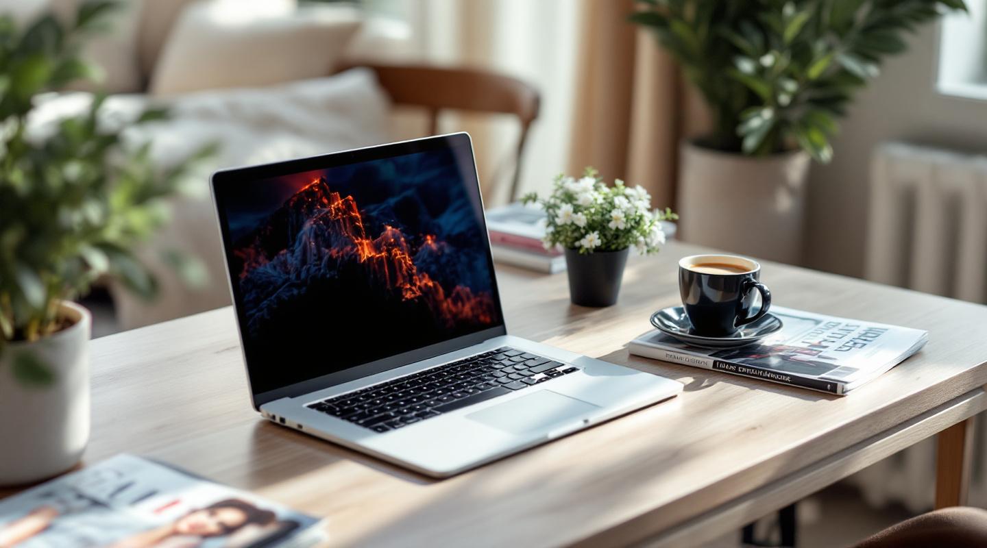 Ordinateur portable ouvert sur bureau minimaliste avec magazines et café