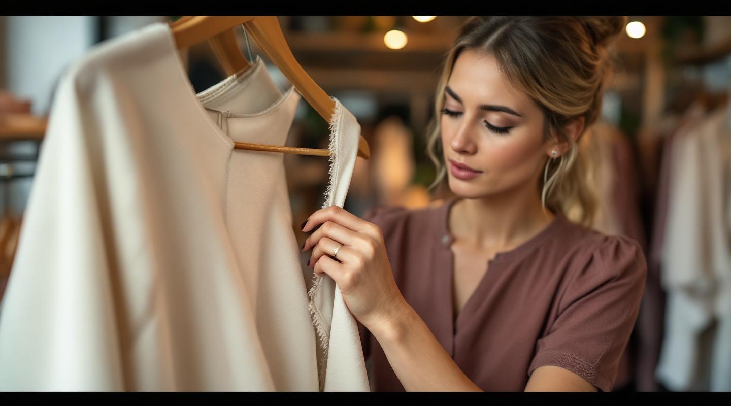 Femme examinant tissu d'une robe en boutique comparant deux vêtements sur cintres
