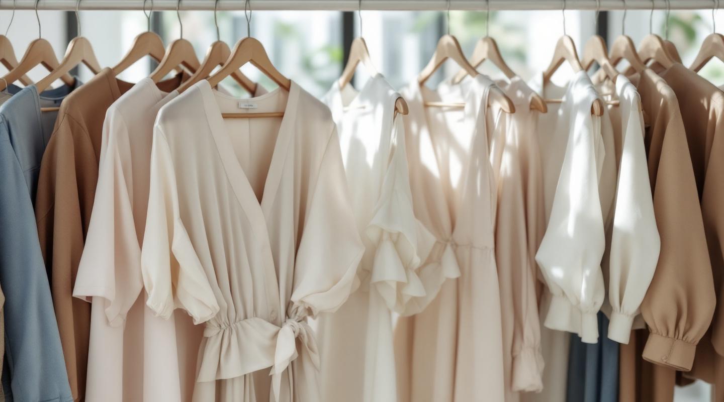 Collection de vêtements femme sur cintres en boutique lumineuse