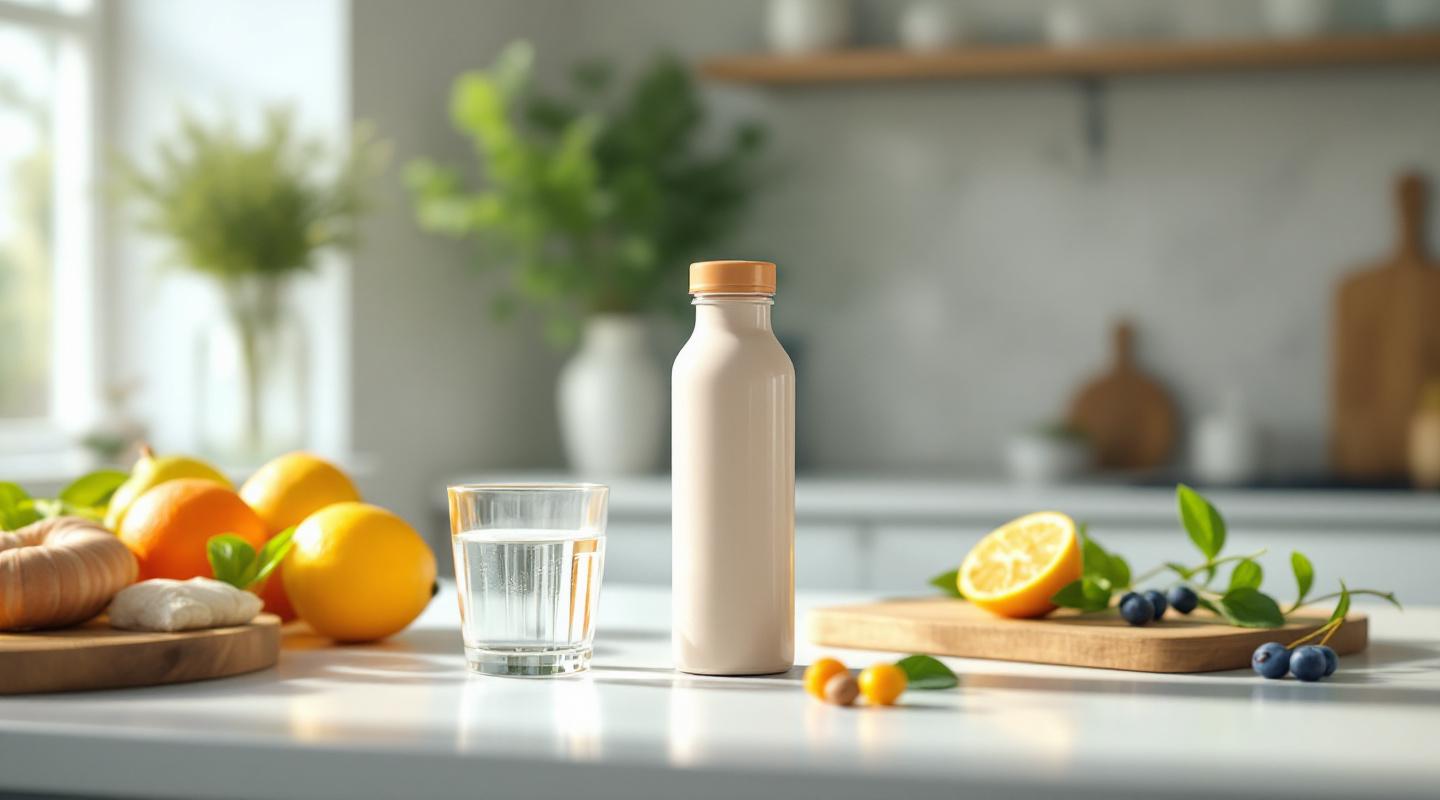 Bouteille de boisson bien-être sur comptoir de cuisine avec verre d’eau et ingrédients frais