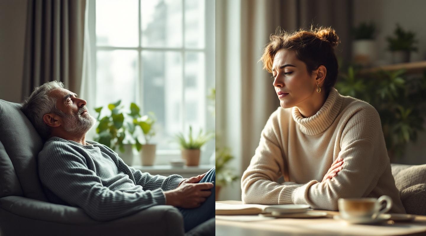 Personne en scène divisée, fatiguée à domicile puis énergique et concentrée en lumière naturelle