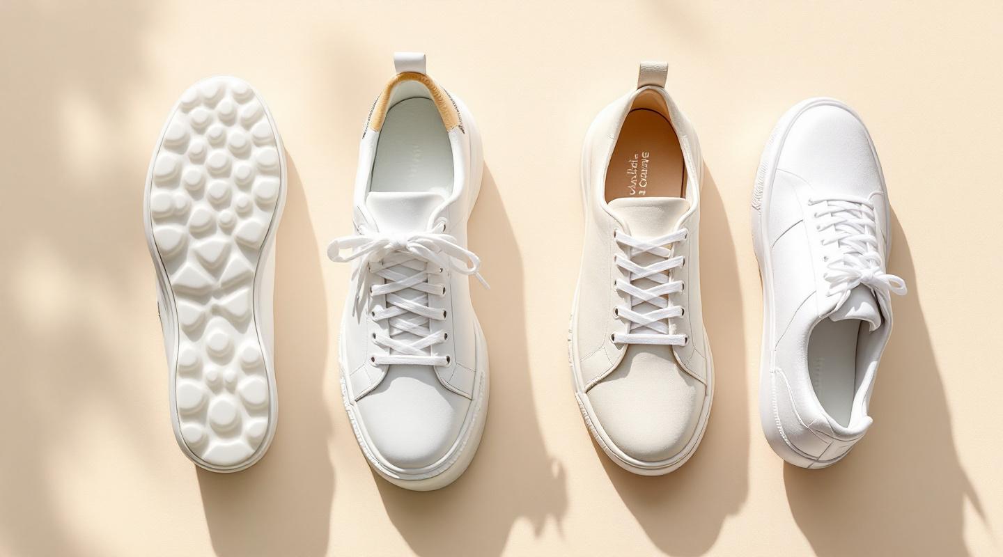 Comparatif de baskets blanches femme aux semelles et formes variées sur fond beige