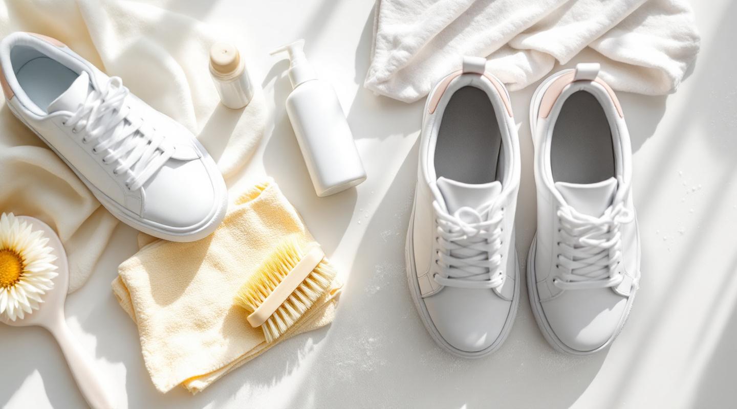 Baskets blanches sur surface claire avec brosse chiffon savon et spray protecteur