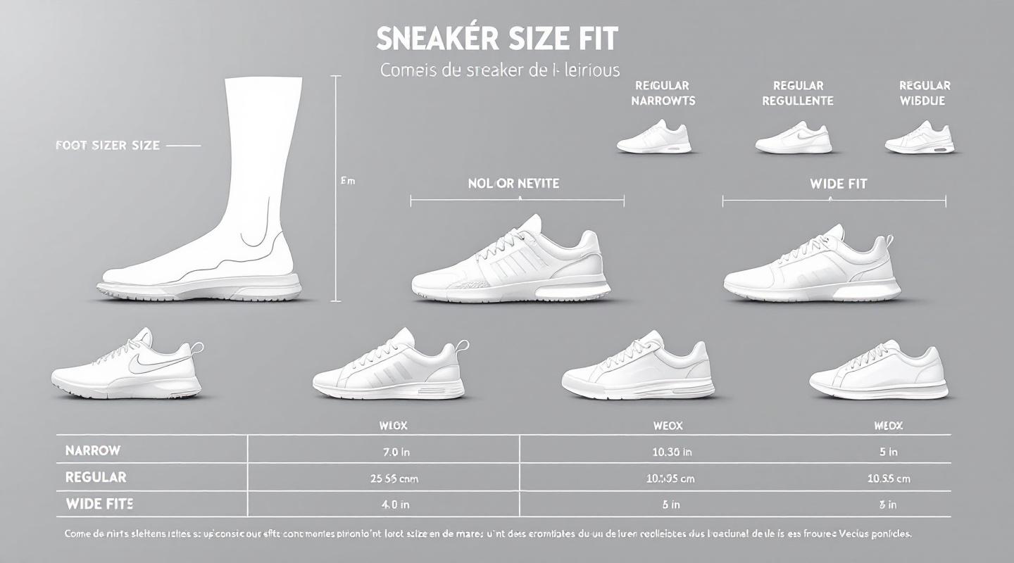Infographie moderne comparant pointures et largeurs de baskets blanches selon plusieurs coupes