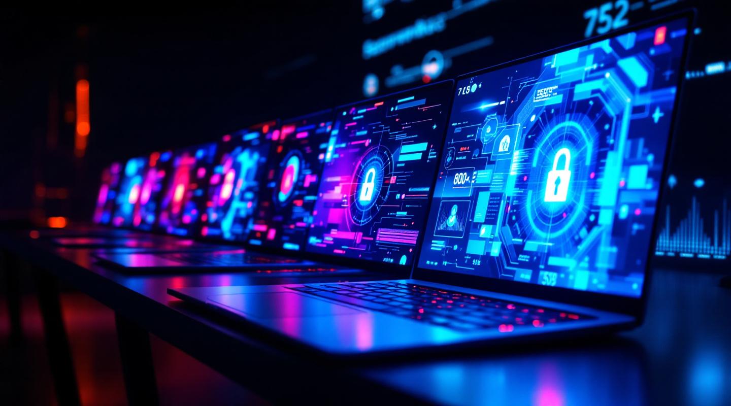 Six ordinateurs portables alignés sur bureau sombre avec interfaces de sécurité lumineuses