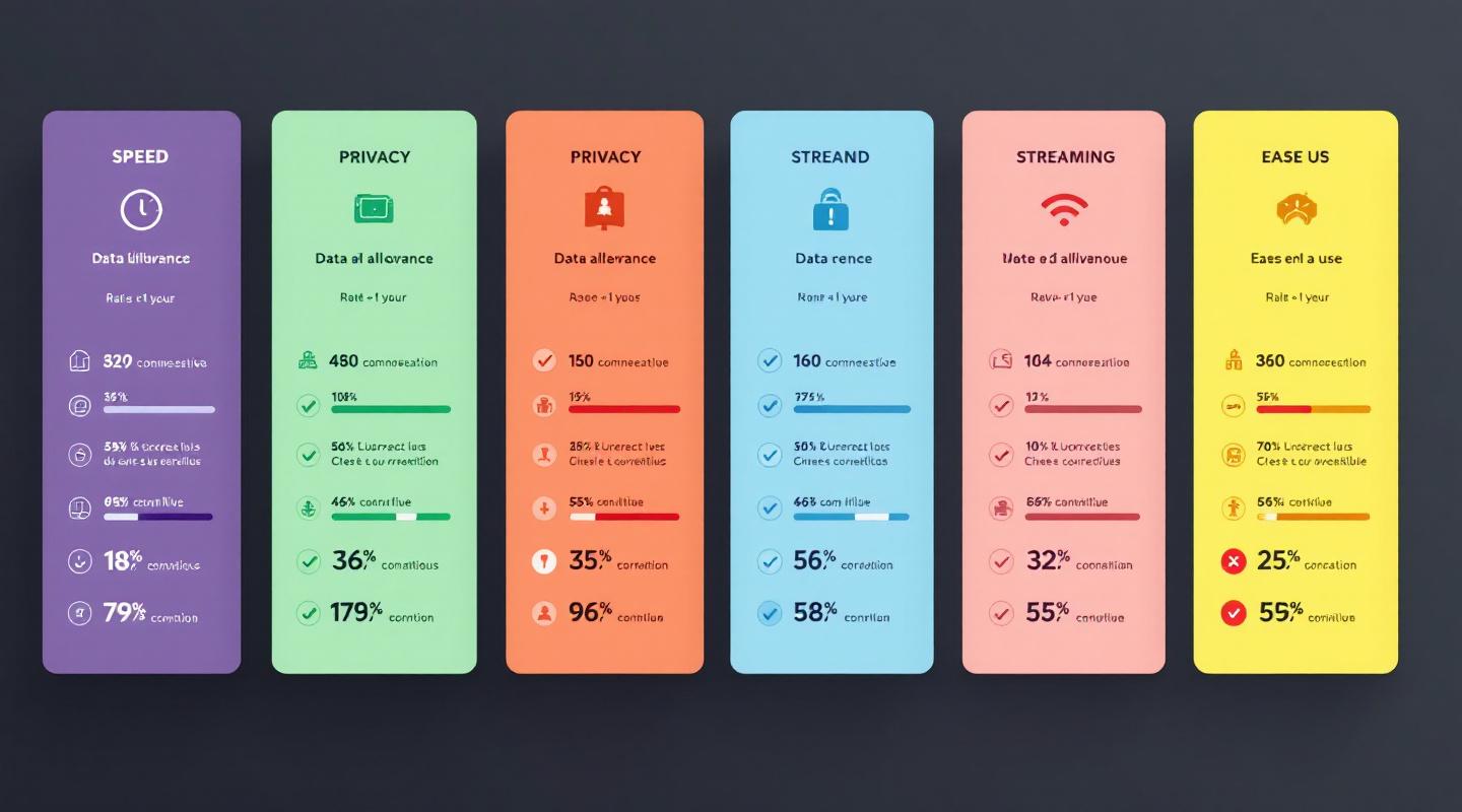 Infographie comparative avec cartes verticales, icônes, barres et notes sur plusieurs VPN gratuits