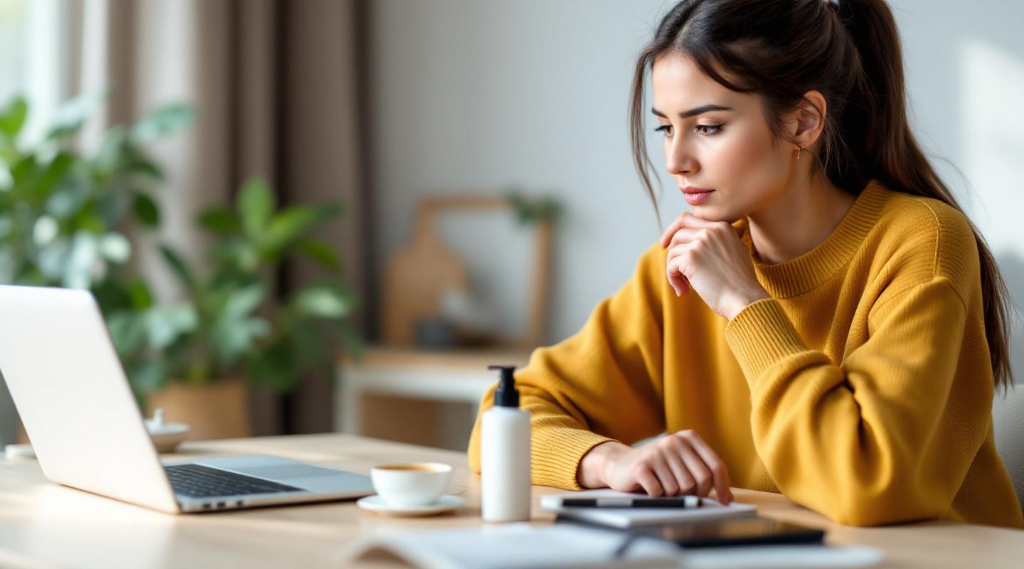 Personne examinant un flacon de bien-être avec ordinateur portable sur une table