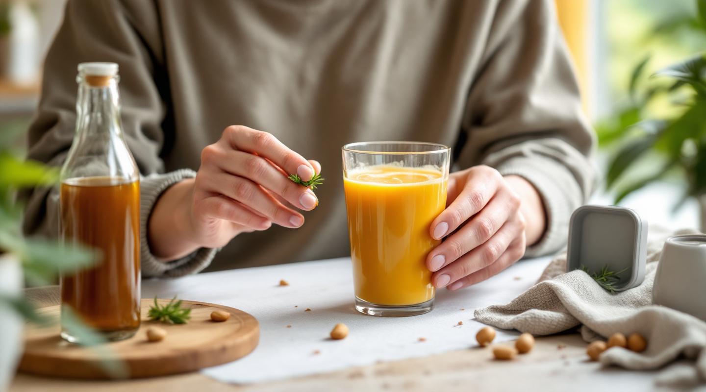 Mains préparant et buvant une boisson bien-être avec bouteille, verre et format portable