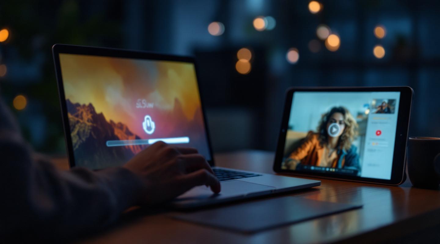 Ordinateur portable lent, tablette avec vidéo en chargement, téléphone affichant une connexion faible
