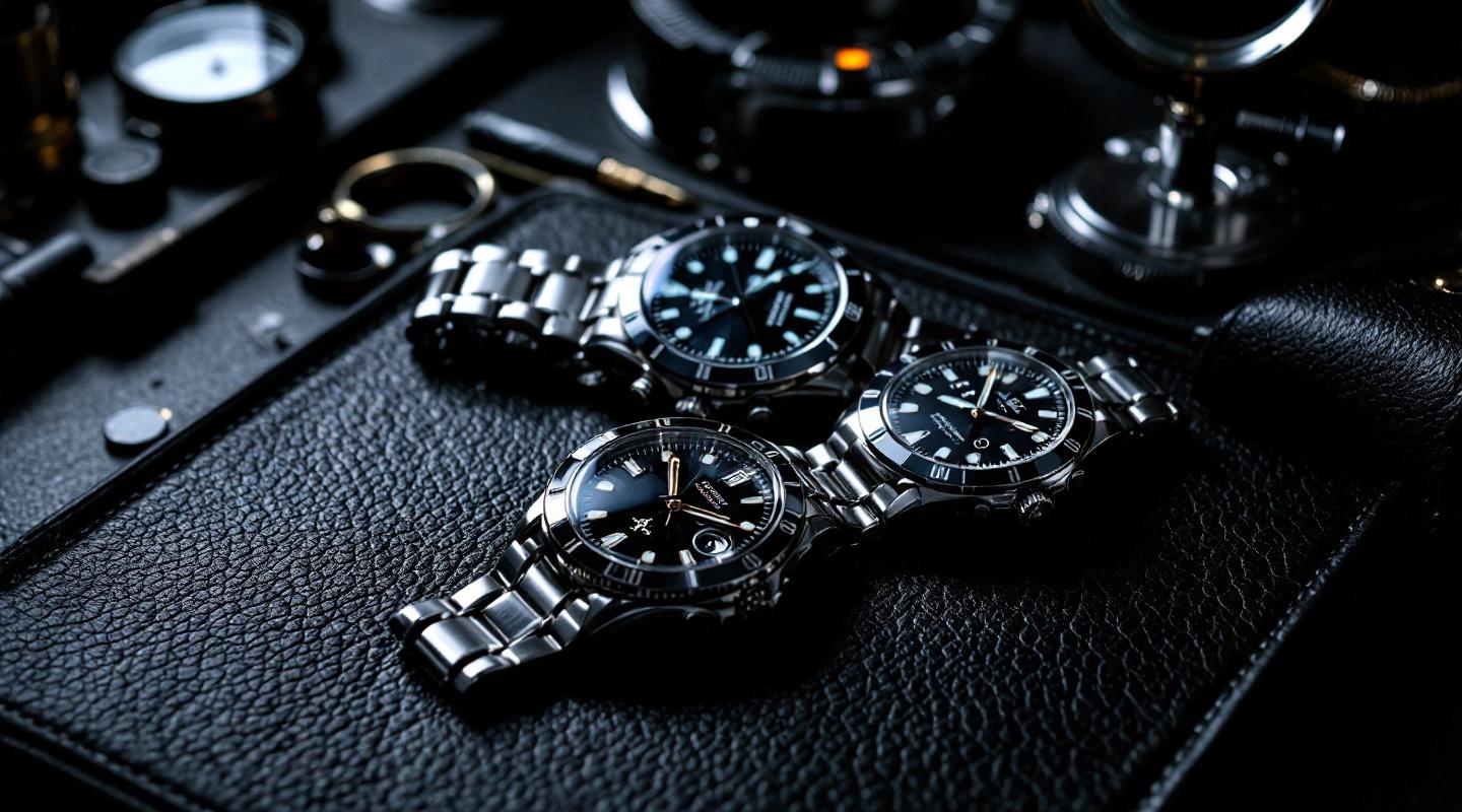 Montres de luxe en acier sur bureau en cuir sombre avec loupe