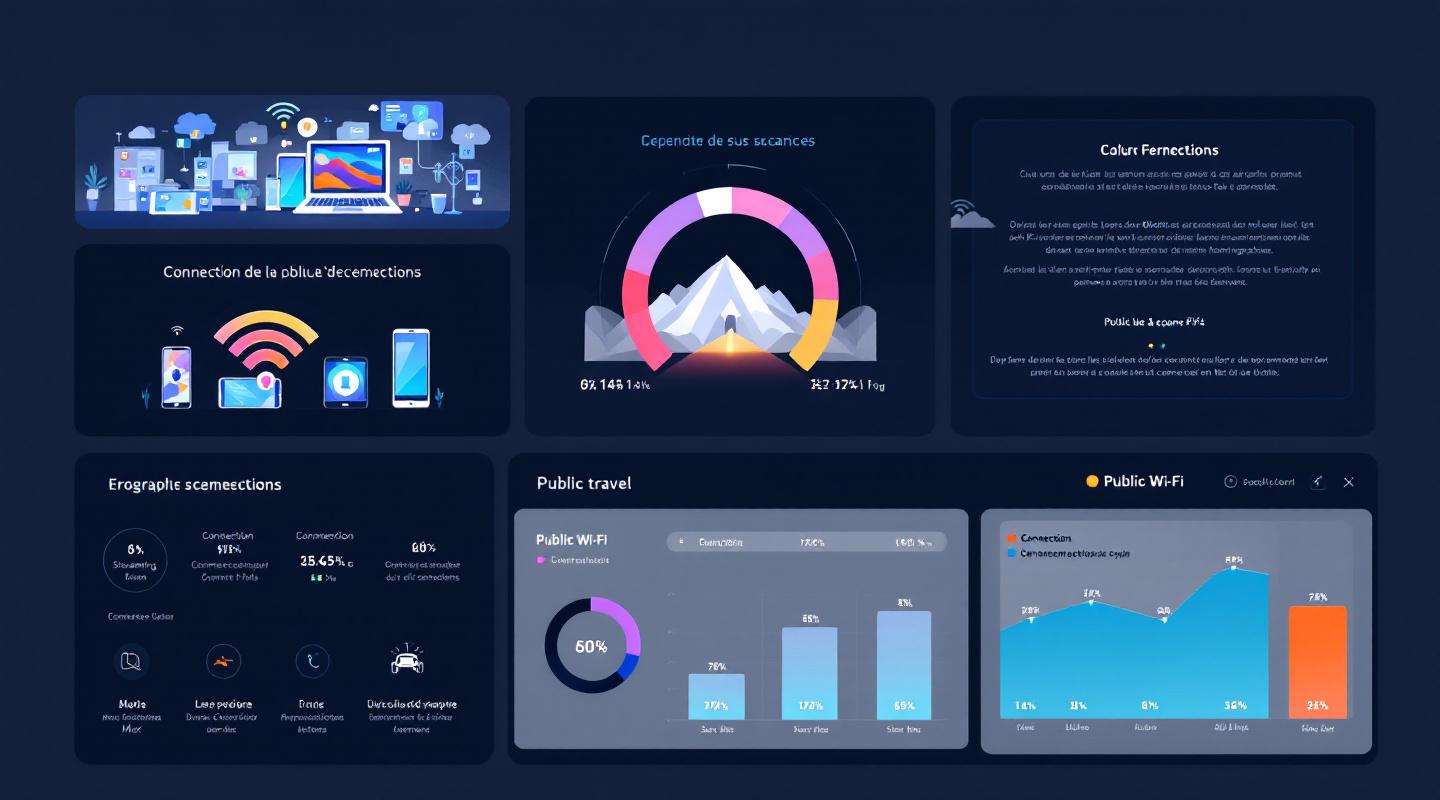 Tableau infographique moderne comparant usages VPN, appareils, connexions et performances par scénario