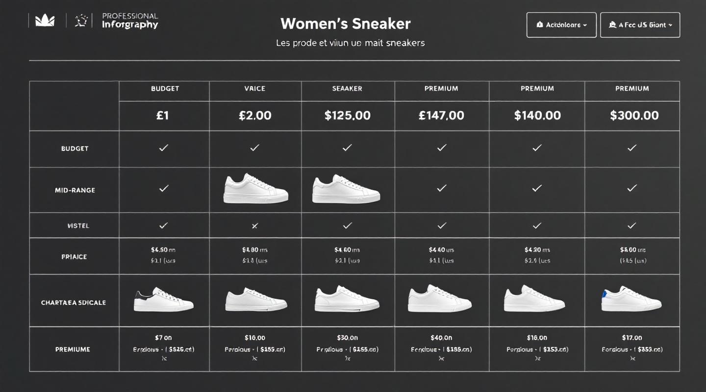 Infographie moderne comparant les prix de baskets Tommy Hilfiger blanches femme par catégories