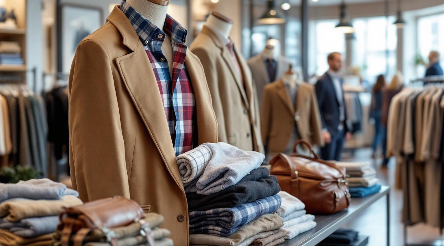 Présentation en magasin de chinos, chemises Oxford, blazers, baskets et sacs en cuir