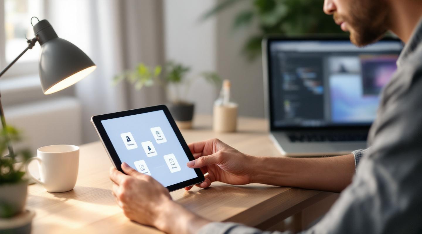 Personne à domicile choisissant des applications de confidentialité sur tablette et ordinateur portable