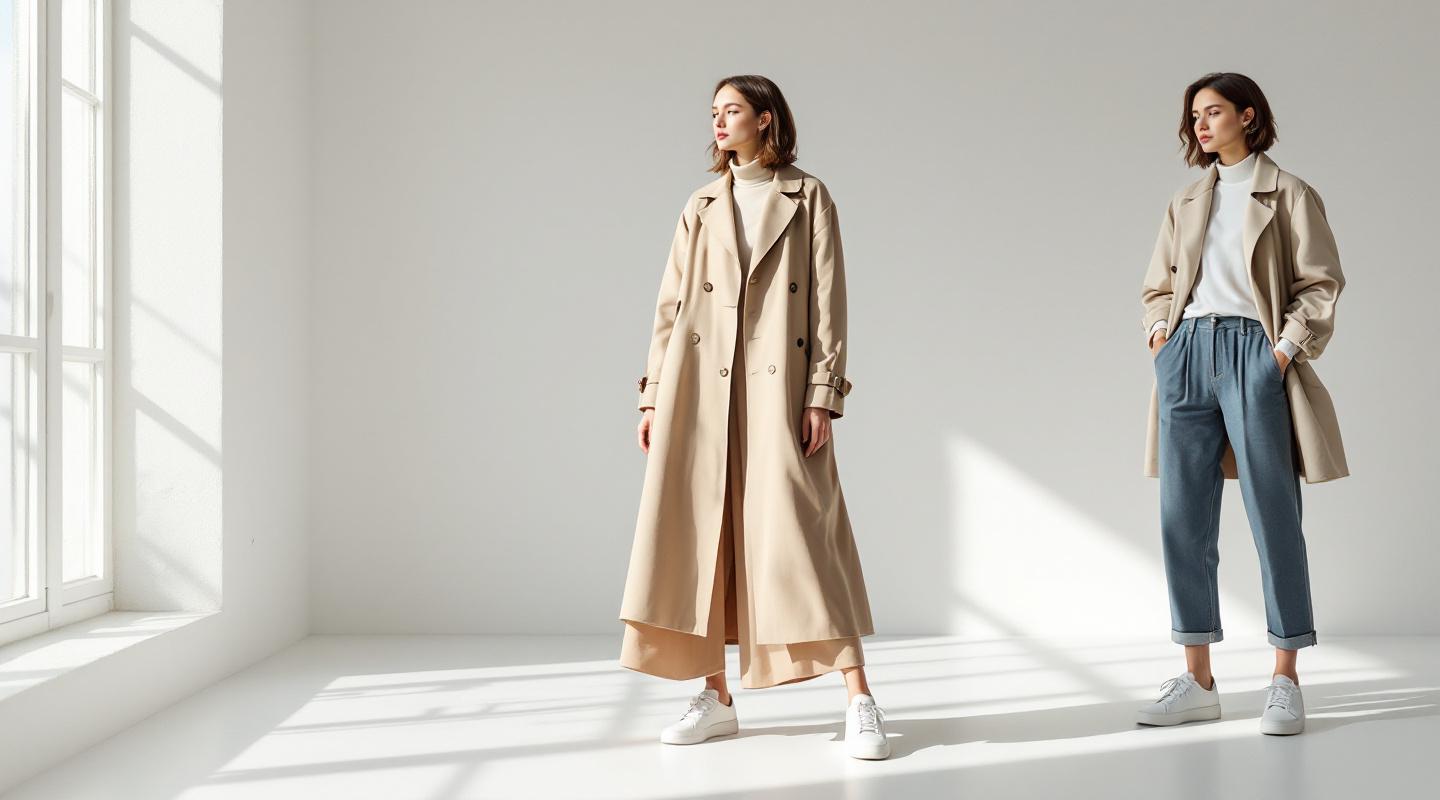 Femme en baskets blanches avec jeans trench robe midi et pantalon tailleur