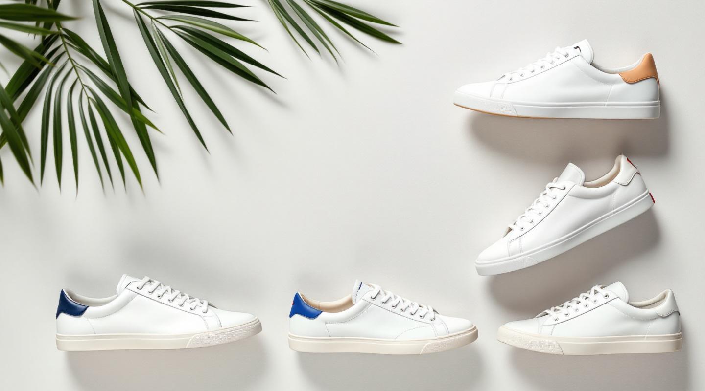Plusieurs baskets blanches femme style preppy à plat sur fond neutre clair