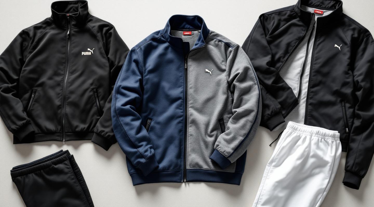 Plusieurs survêtements Puma modernes noirs gris blancs et bleu marine sur fond neutre