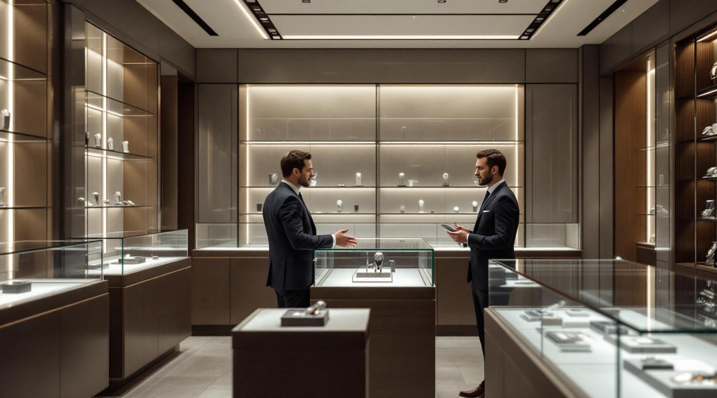 Boutique de montres de luxe aux vitrines presque vides avec conseiller et client élégant