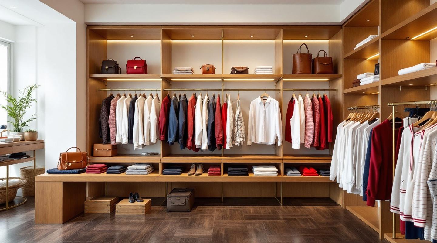 Intérieur de boutique de mode avec vêtements preppy et accessoires en cuir élégants
