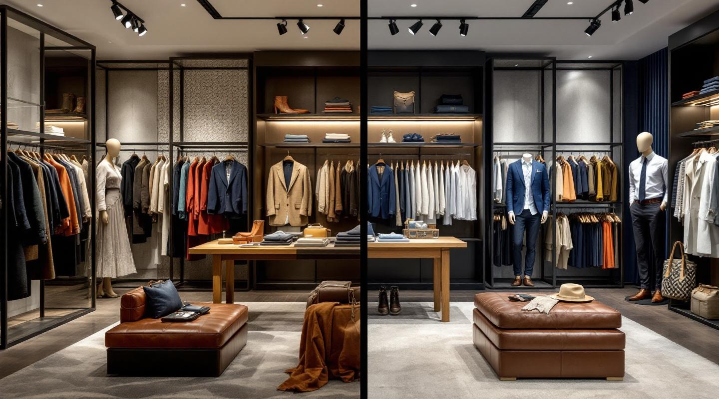 Comparaison symétrique de deux showrooms mode élégance équestre et style preppy américain