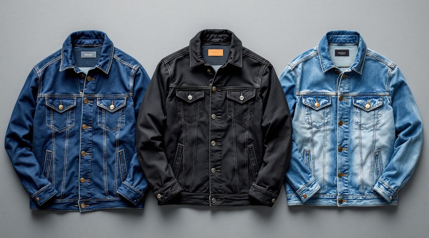 Trois vestes en jean homme bleu foncé noir et délavé à plat côte à côte