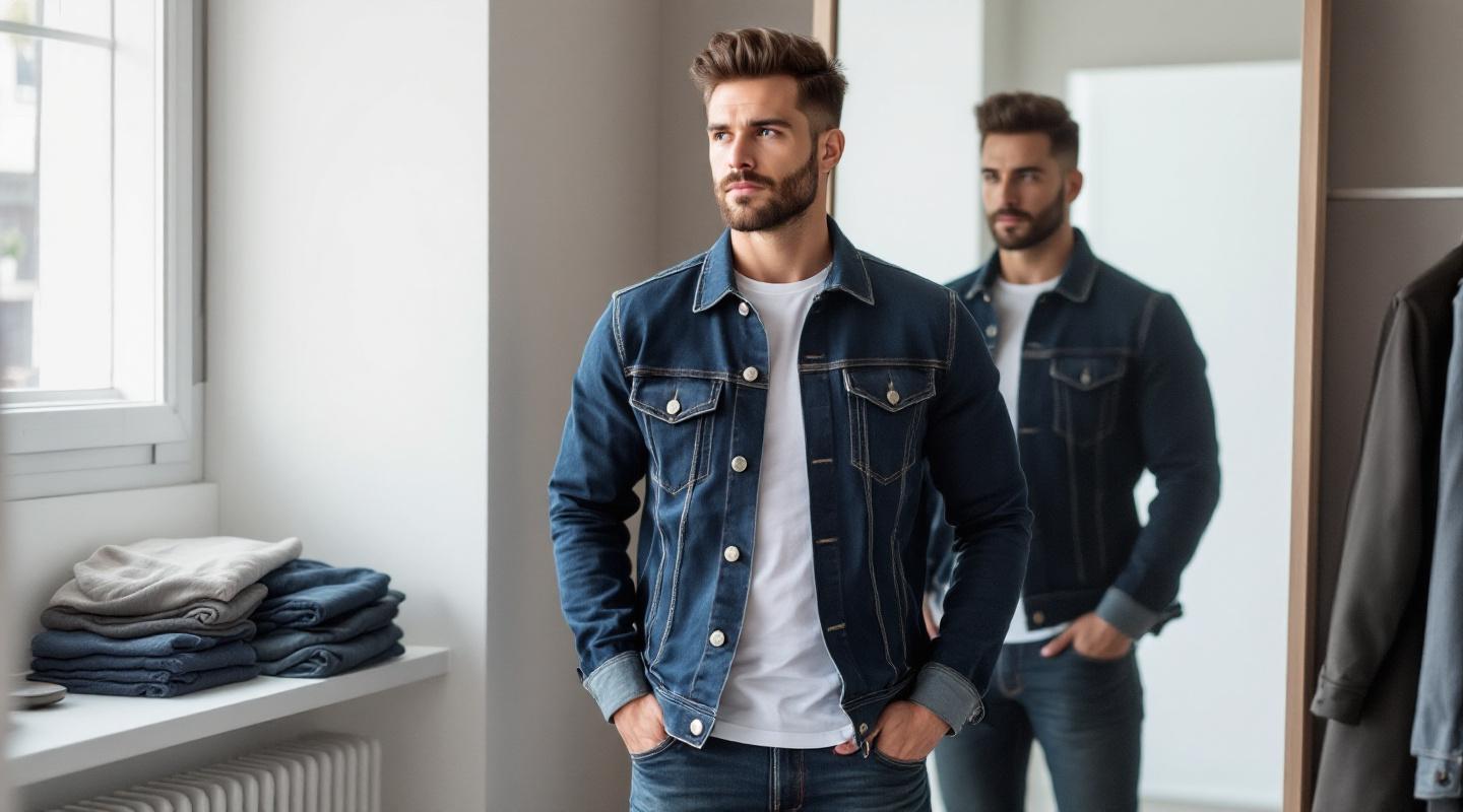 Homme adulte essayant une veste en jean devant miroir pleine longueur en cabine
