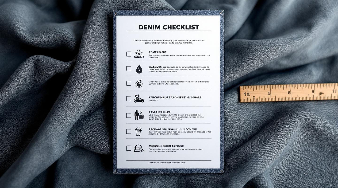 Checklist visuelle sur composition du denim, entretien, coutures, colis et livraison