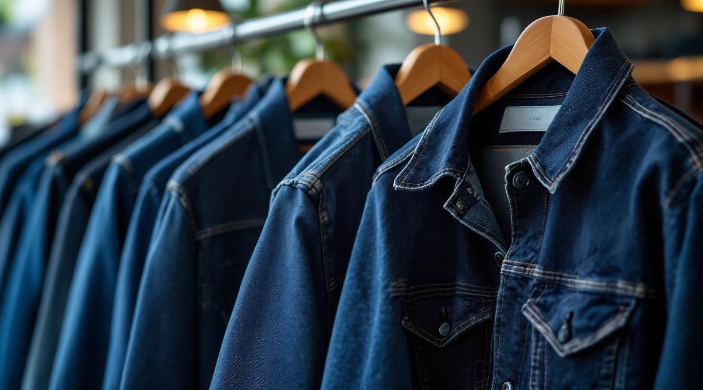 Vestes en jean homme sur cintres en bois dans une boutique moderne