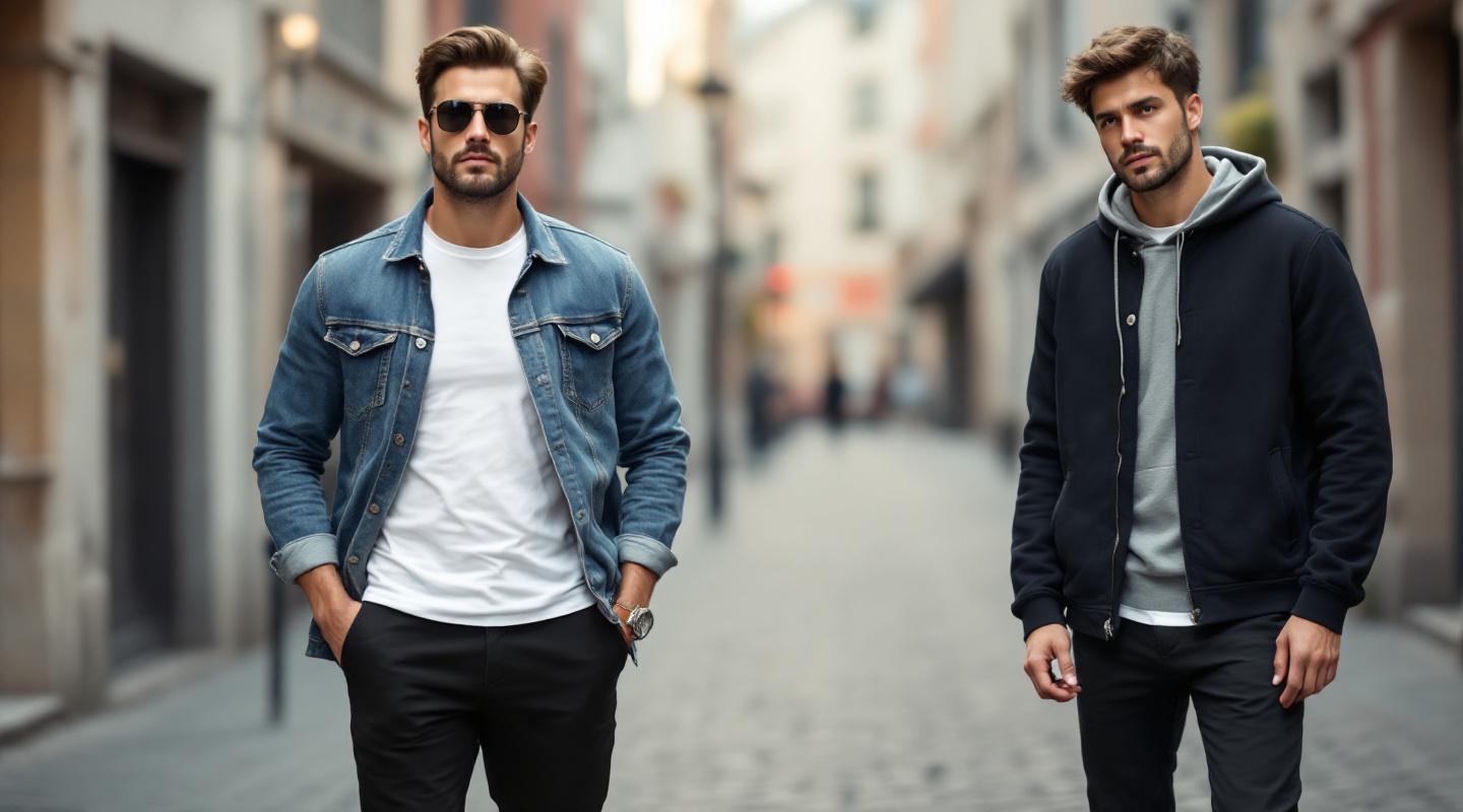 Homme en veste en jean, t-shirt blanc, chinos noirs, baskets, tenue avec hoodie et bottes à côté